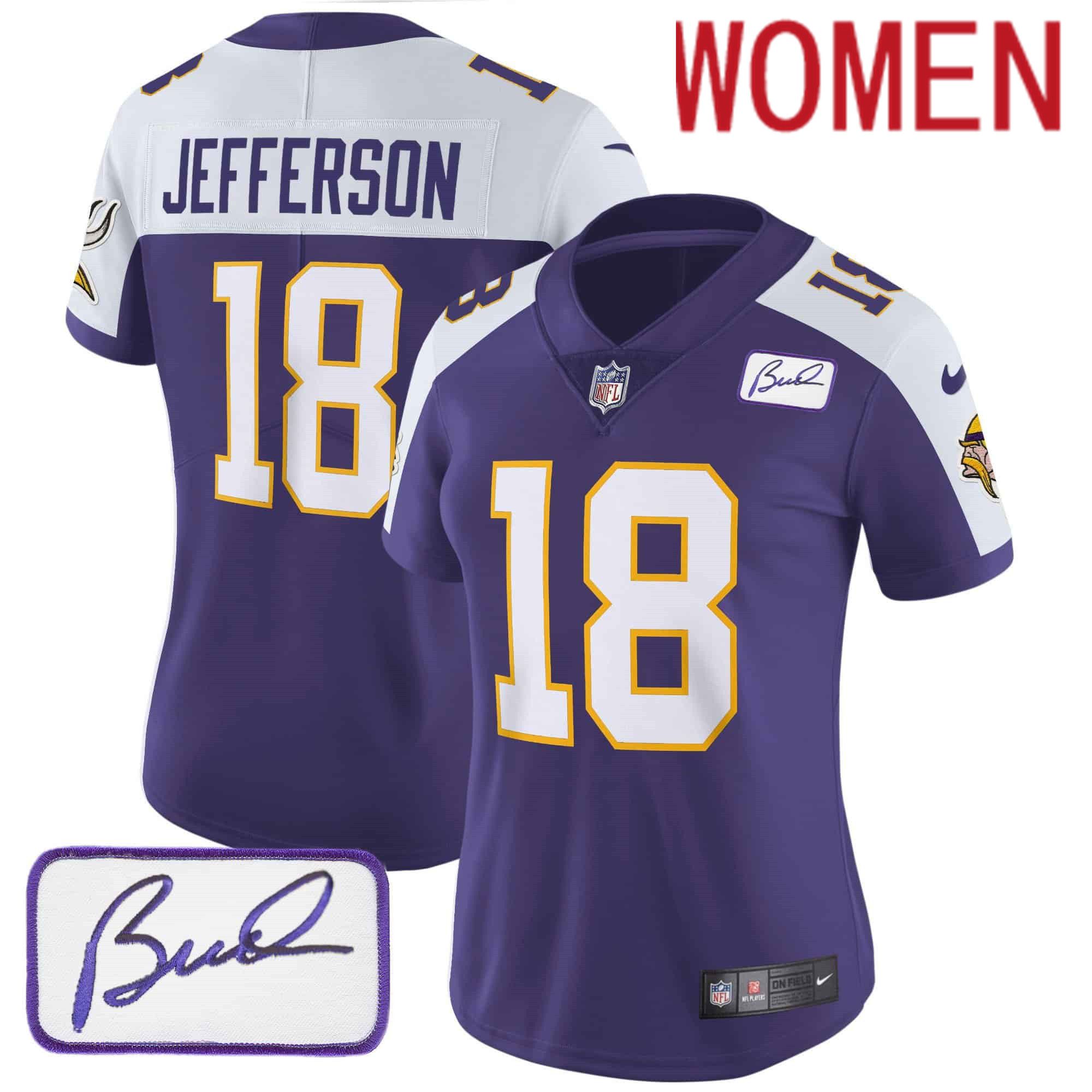 Women Minnesota Vikings #18 Jefferson Purple 2024 Nike Bud Grant Patch Classic Limited NFL Jersey style 2